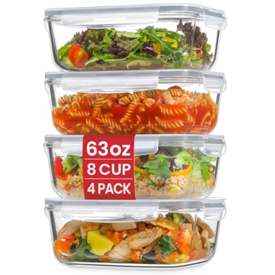 Meal Prep Glass - 4 Pack 8 Cups/ 63oz Large