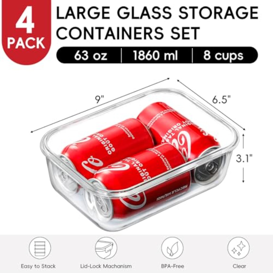 4 Pack 8 Cups/ 63oz Large Glas - Meal Prep Glass ulasan dan harga